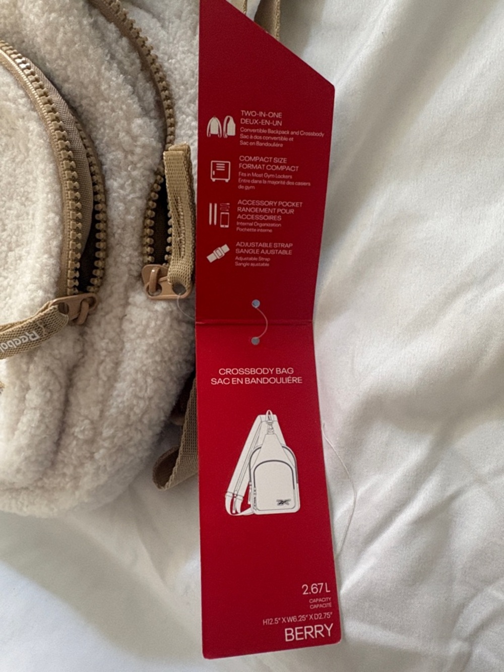 NWT | Reebok Sherpa Convertible Sling Backpack Cream Tan 2-in-1 Crossbody Bag - Picture 11 of 11